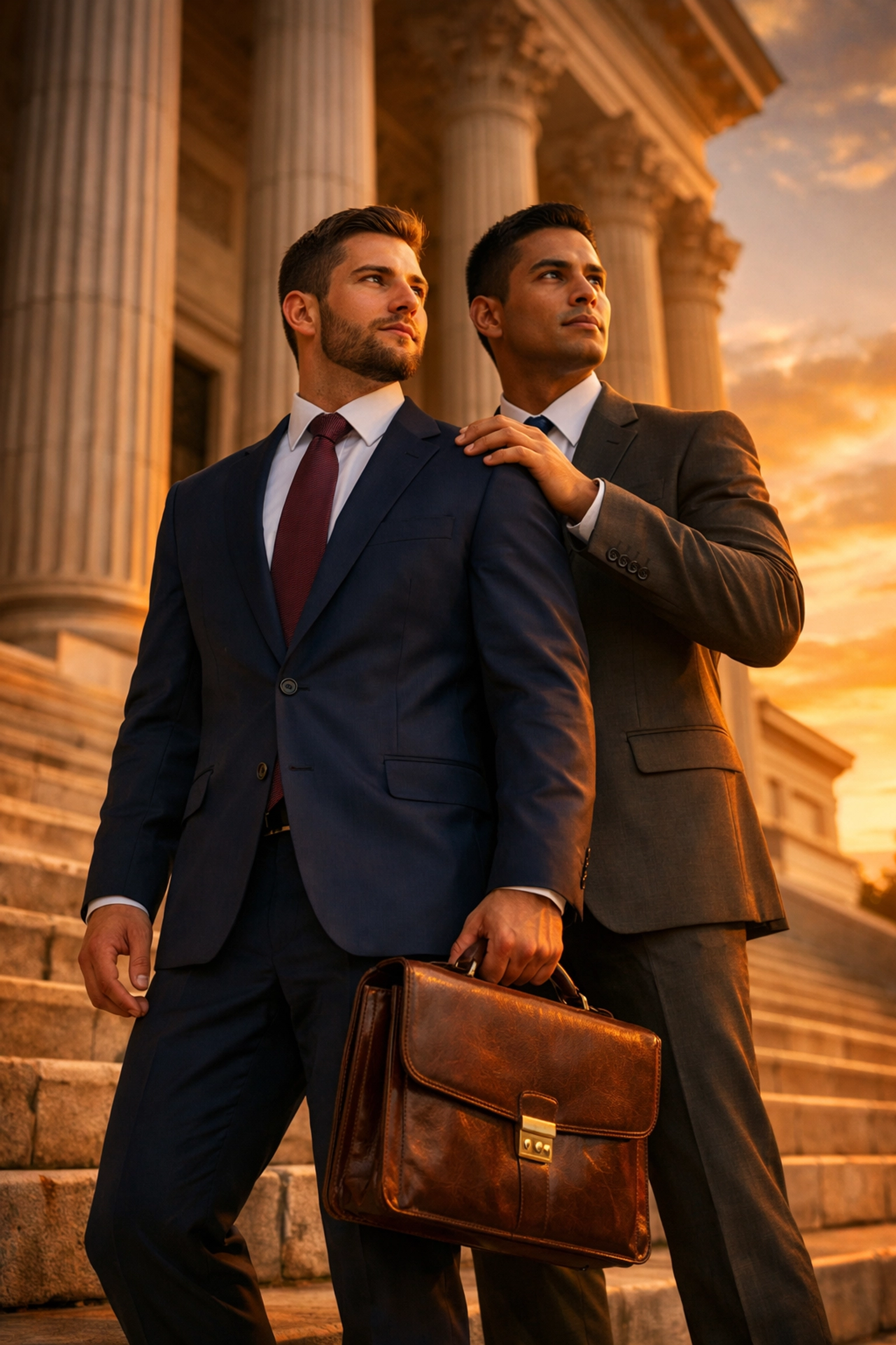 Two professional gay male lawyers standing on courthouse steps at sunset representing LGBTQ+ legal rights.