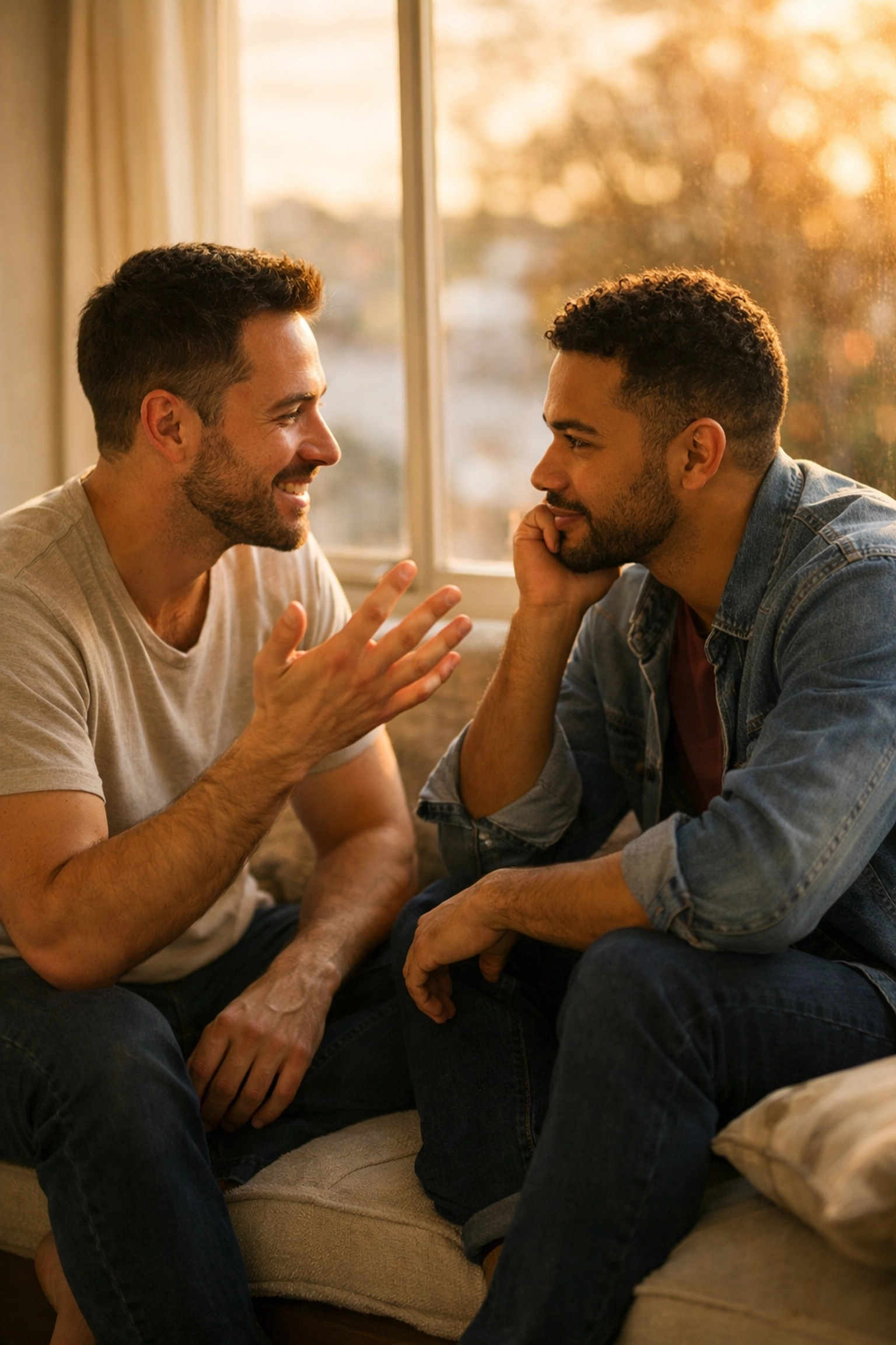 LGBTQ+ couple engaged in vulnerable conversation practicing communication skills