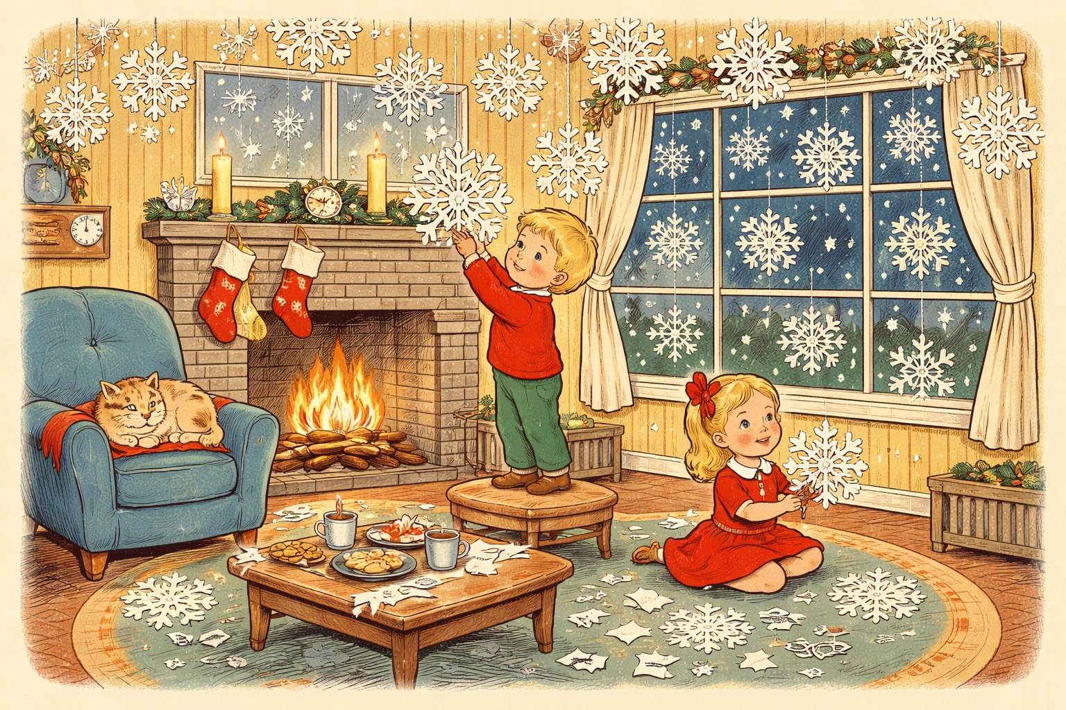 Child holding an unfolded, intricate paper snowflake with excitement after crafting