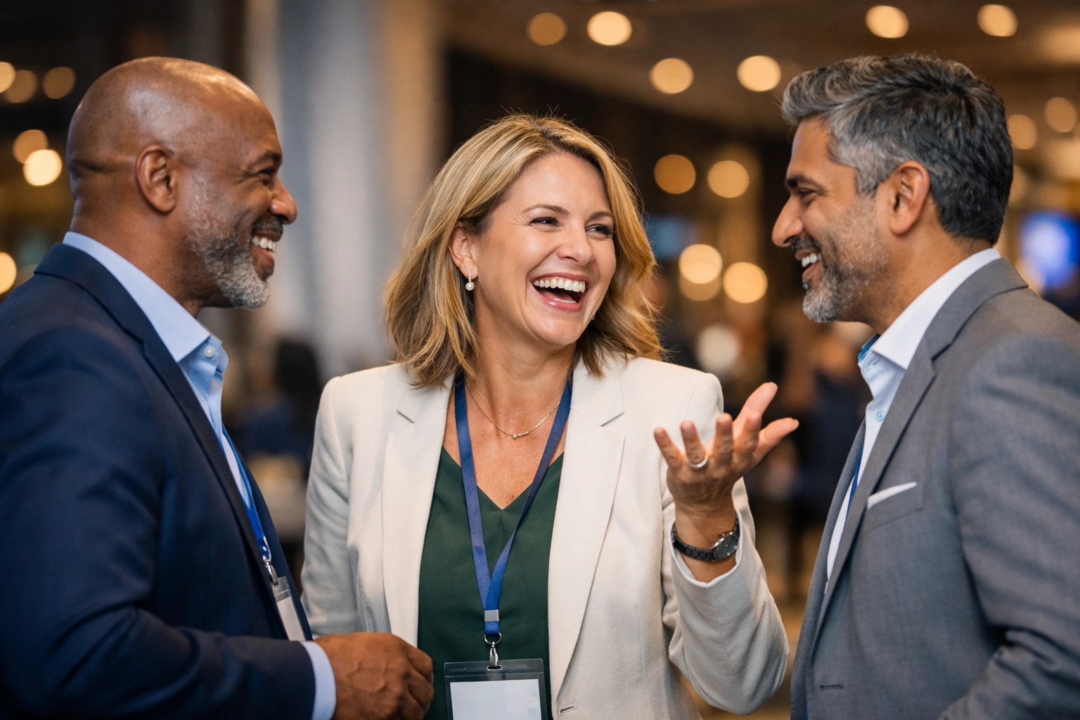 Candid event photography of business professionals networking at a high-end Miami conference.
