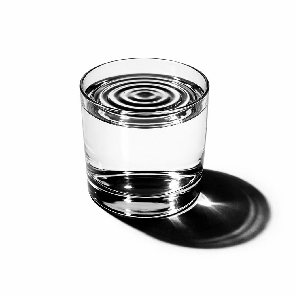 Rippling water in a glass on white background symbolizing the quiet unease of short suspense fiction.