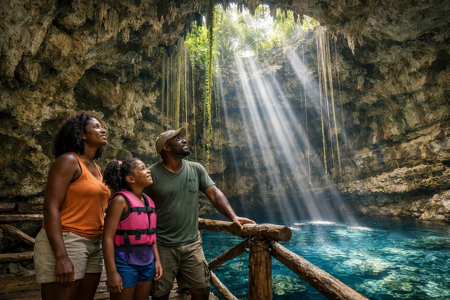 A family explores a natural cenote in Mexico during an all inclusive vacation excursion.