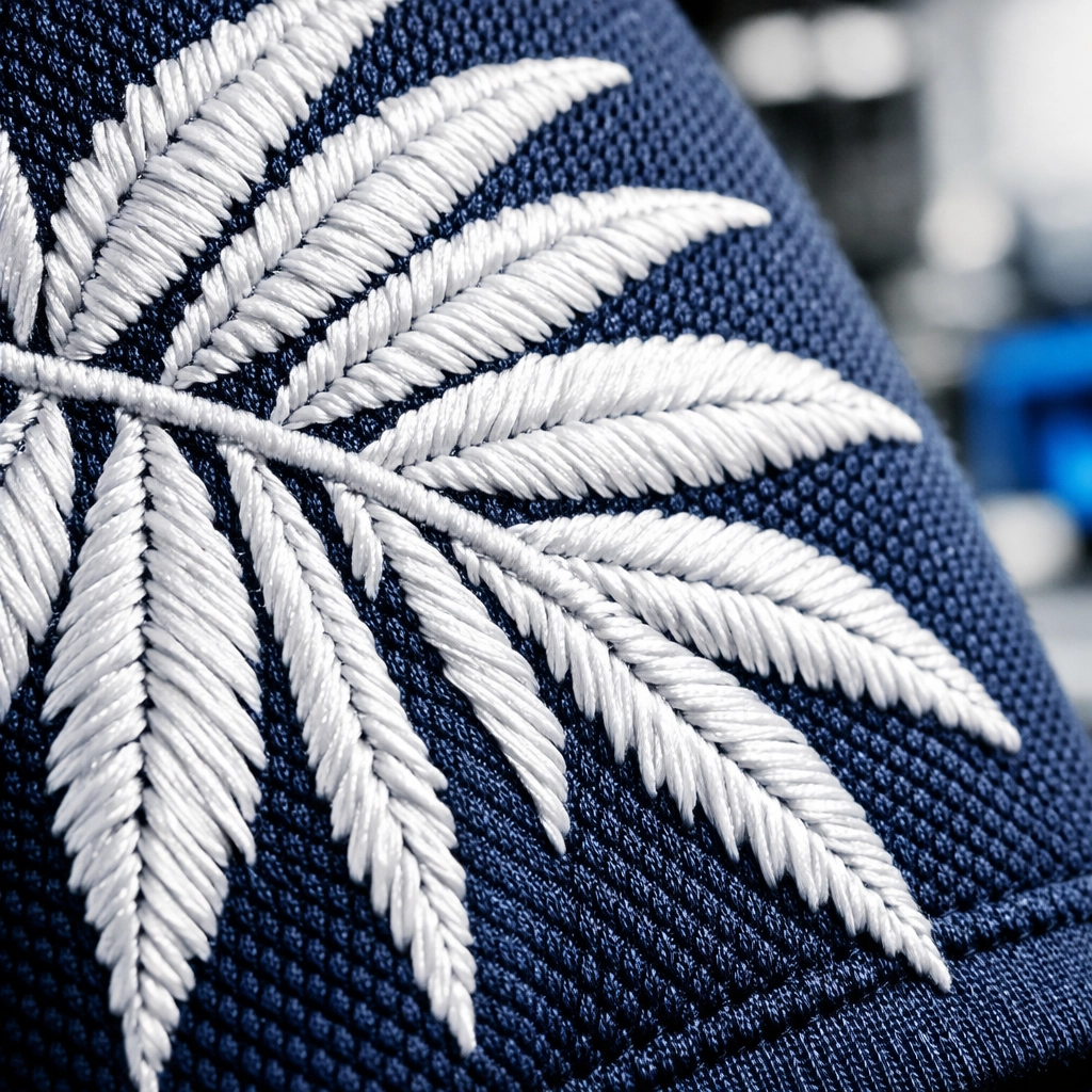 Close-up of high-quality custom embroidery on a navy performance polo for professional Hawaii business apparel.