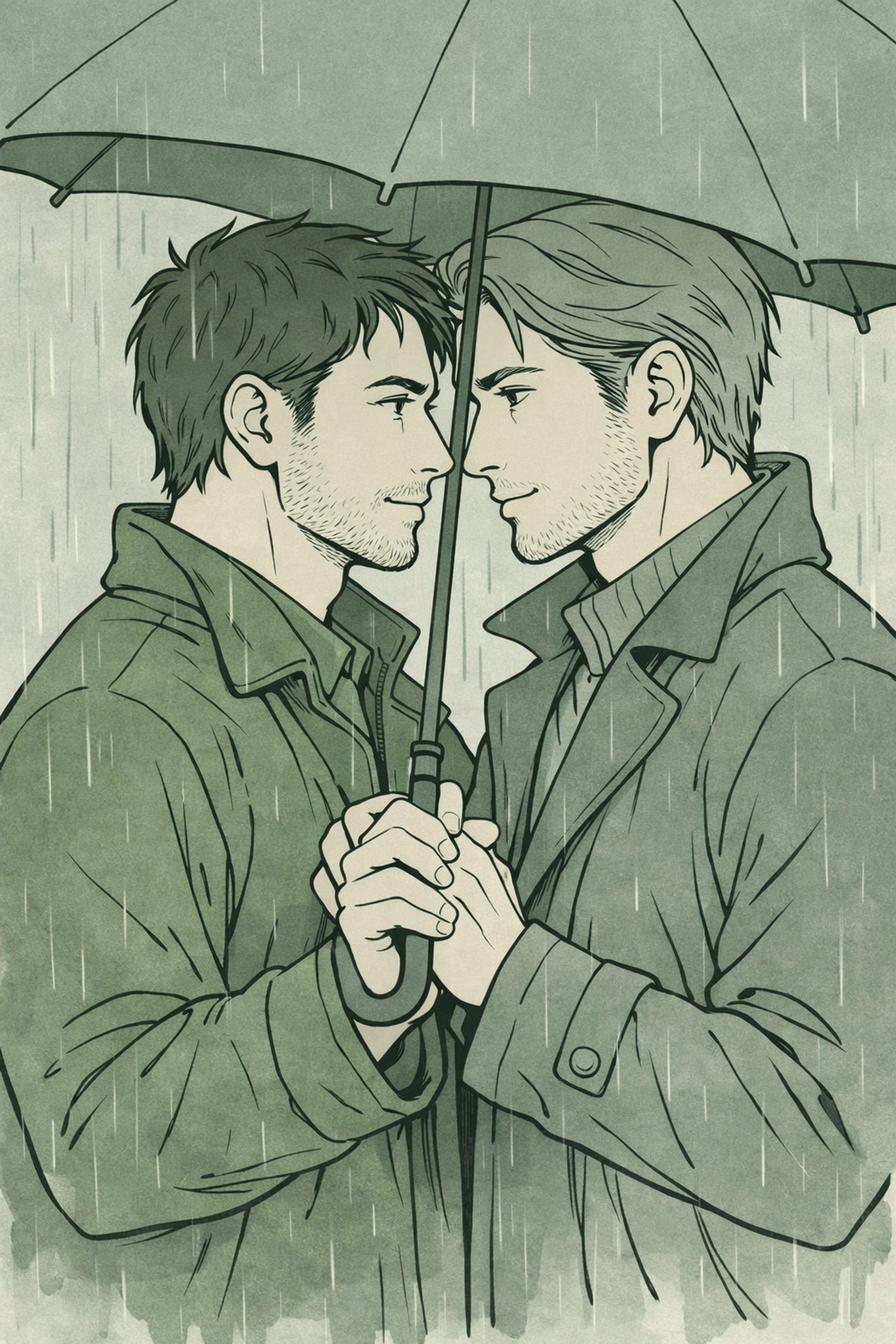 MM couple sharing a romantic moment under an umbrella, reflecting the emotional depth of modern gay fiction.