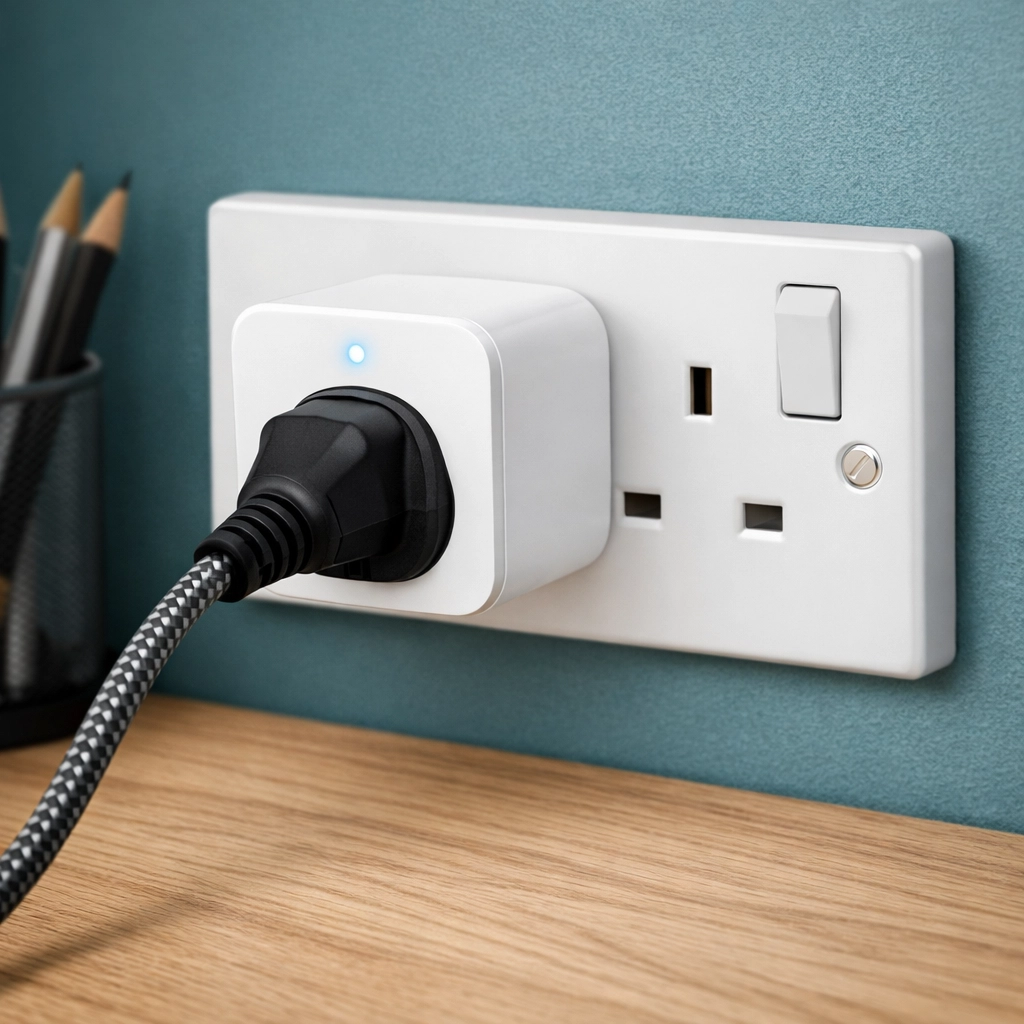 Smart plug adapter in a standard UK 3-pin socket for managing standby power usage.