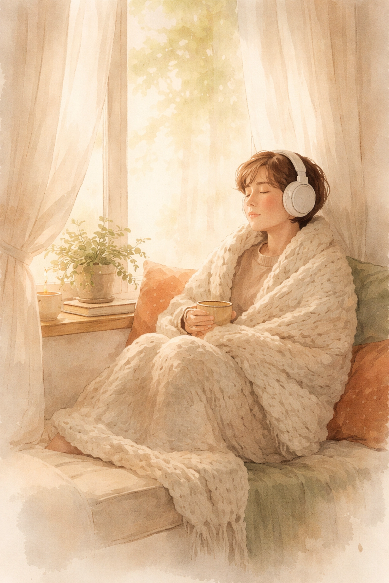 Person relaxing in a cozy window nook with headphones and blanket, illustrating sensory self-care and overload relief
