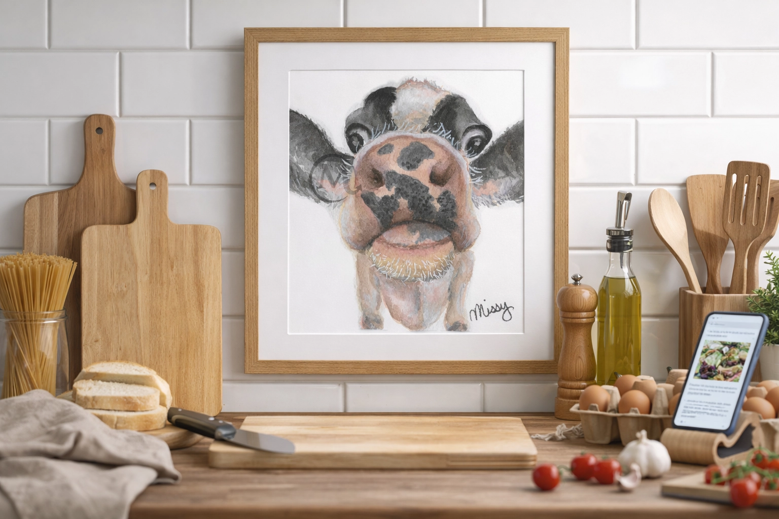 Sparkle the Cow in a kitchen-themed mockup by Missy