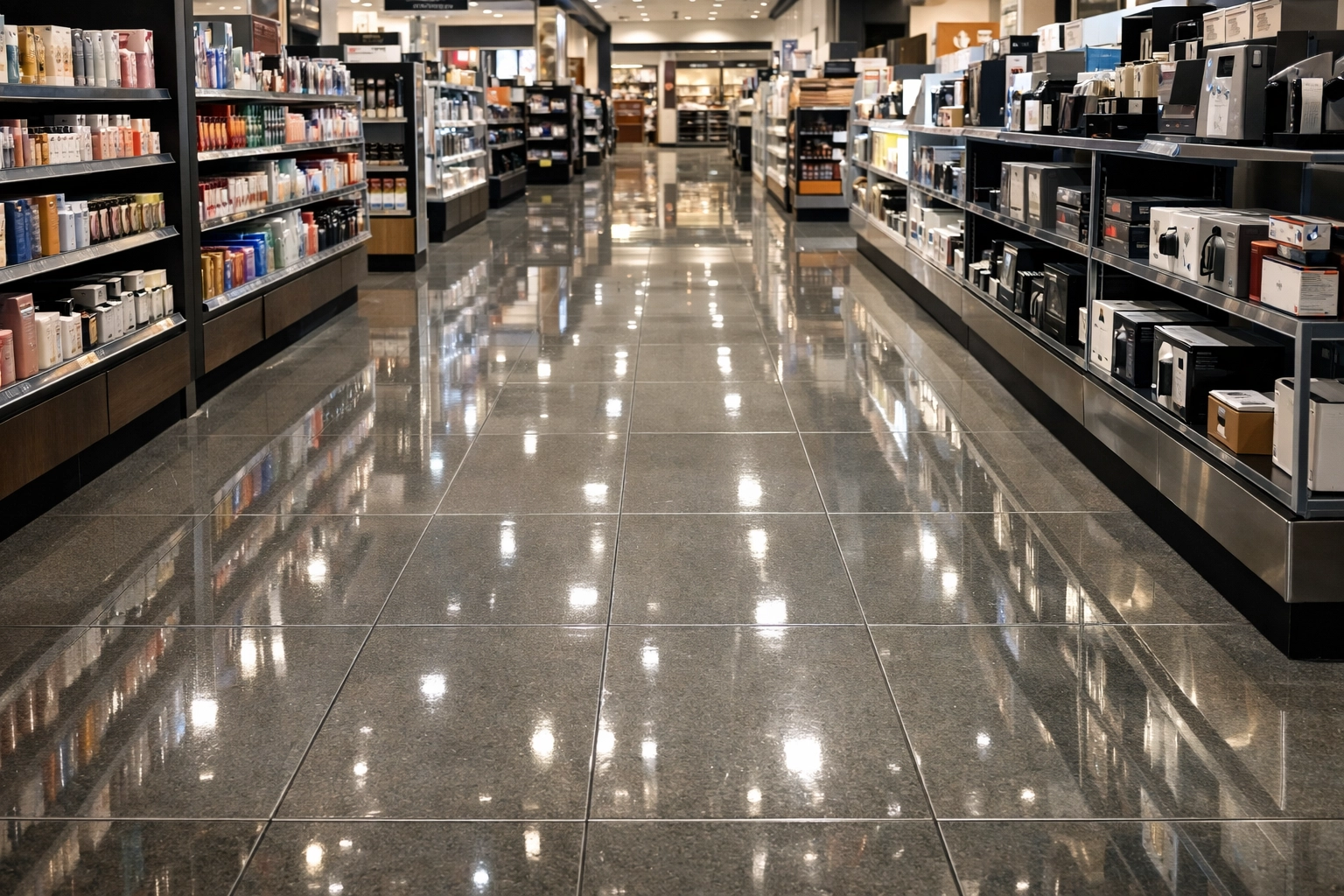 Shiny, high-traffic commercial floors in a store reflecting professional retail cleaning Worcester.