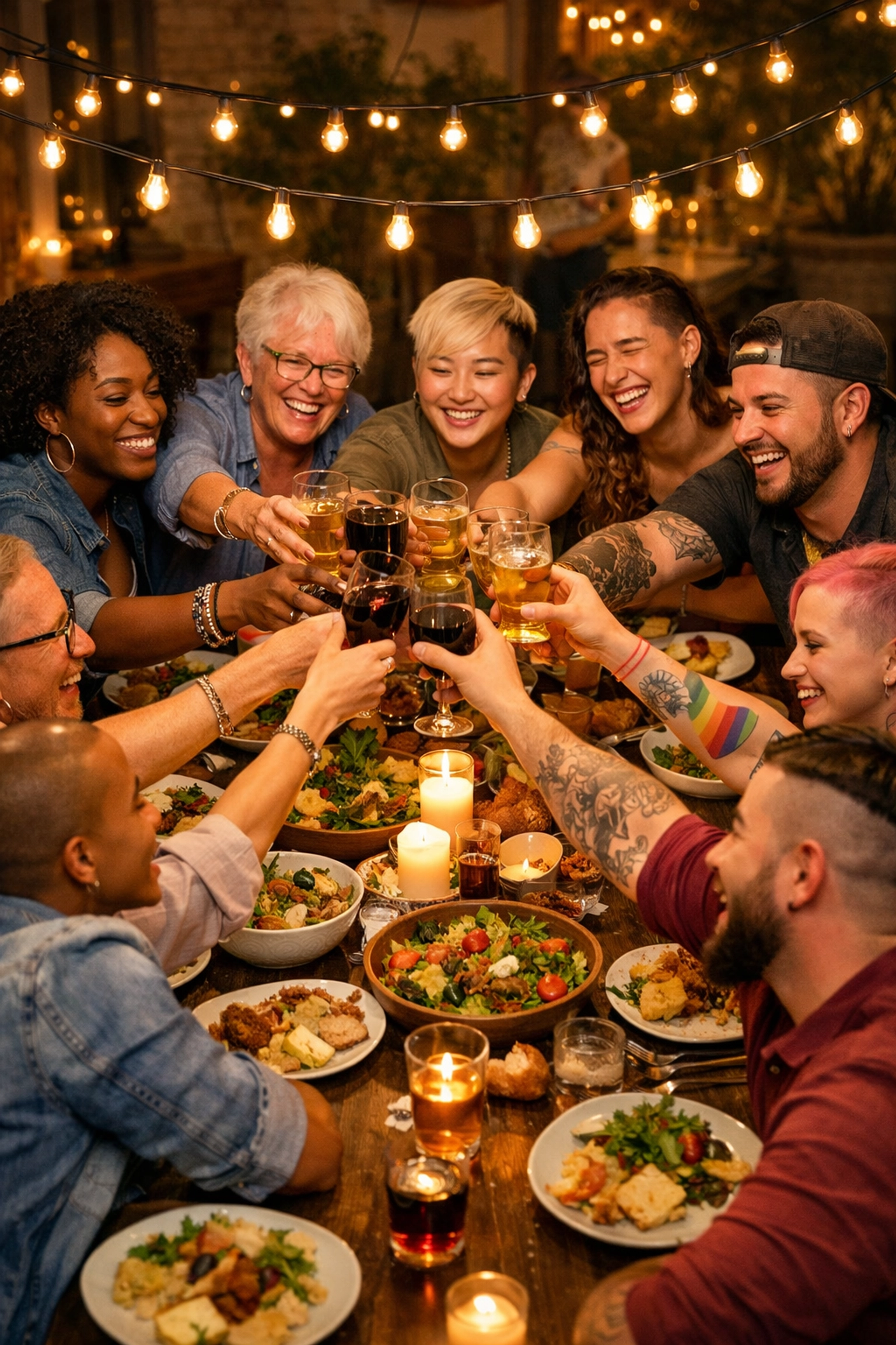 LGBTQ+ friends celebrating found family at dinner gathering with joy and connection