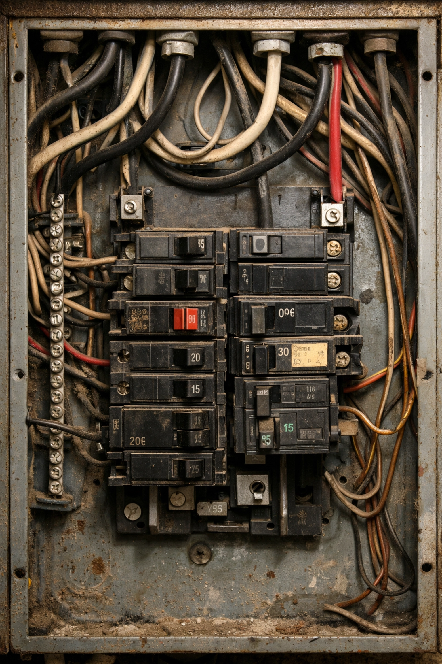 Aging residential electrical service panel with old breakers, highlighting fire risks in older Louisiana homes.