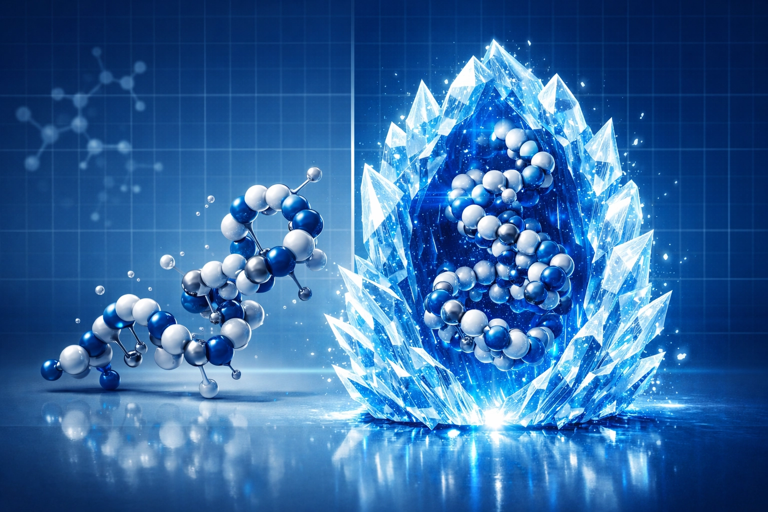 Diagram illustrating the molecular stability of lyophilized peptides compared to liquid formulations.