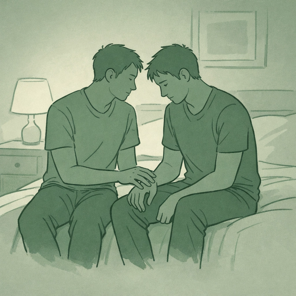 Two men sharing intimate moment on bed representing first-time same-sex vulnerability and connection