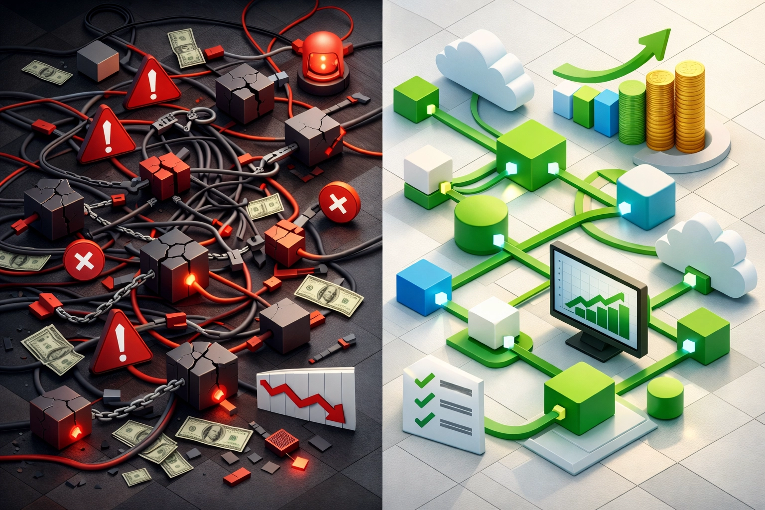 Comparison of failed DIY ServiceNow implementation versus successful professional consulting approach
