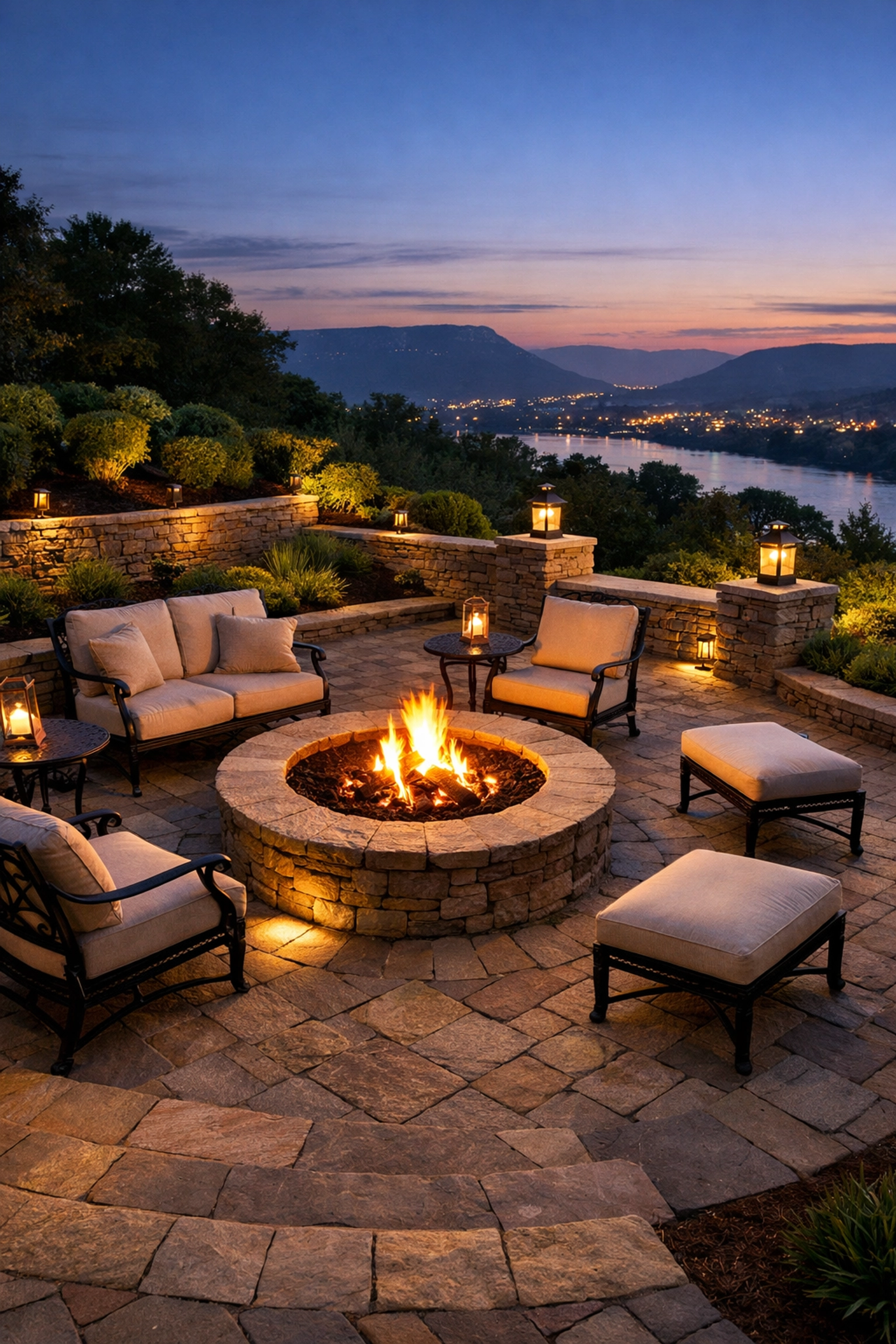 Custom stone paver patio and fire pit design for functional outdoor living in Chattanooga.