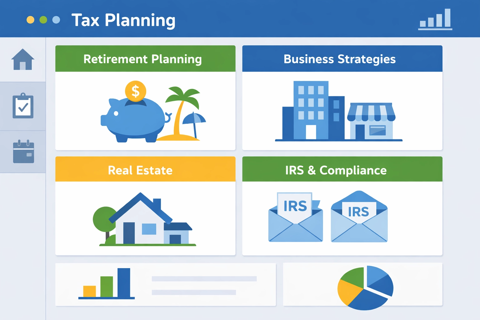 Comprehensive tax planning services dashboard including retirement and business tax preparation