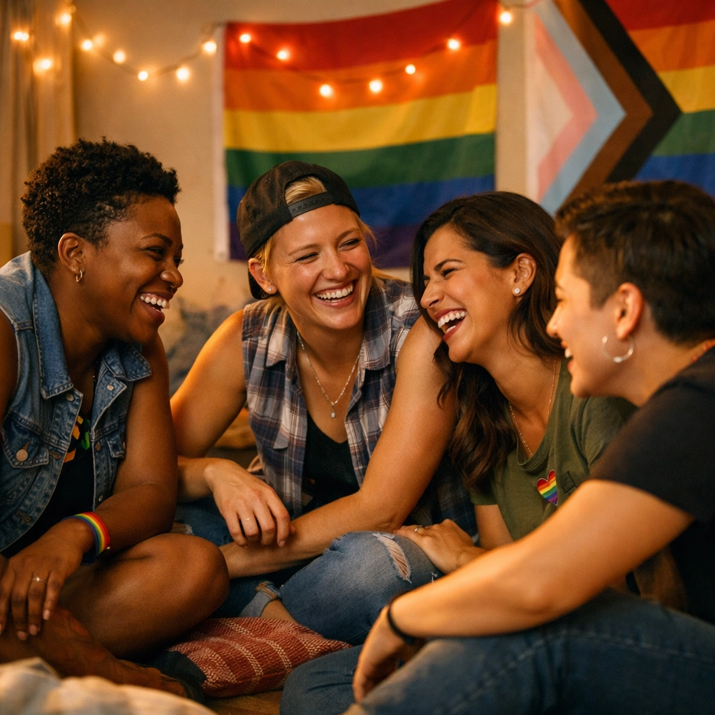 LGBTQ+ puppy play community members gathered together sharing connection and laughter