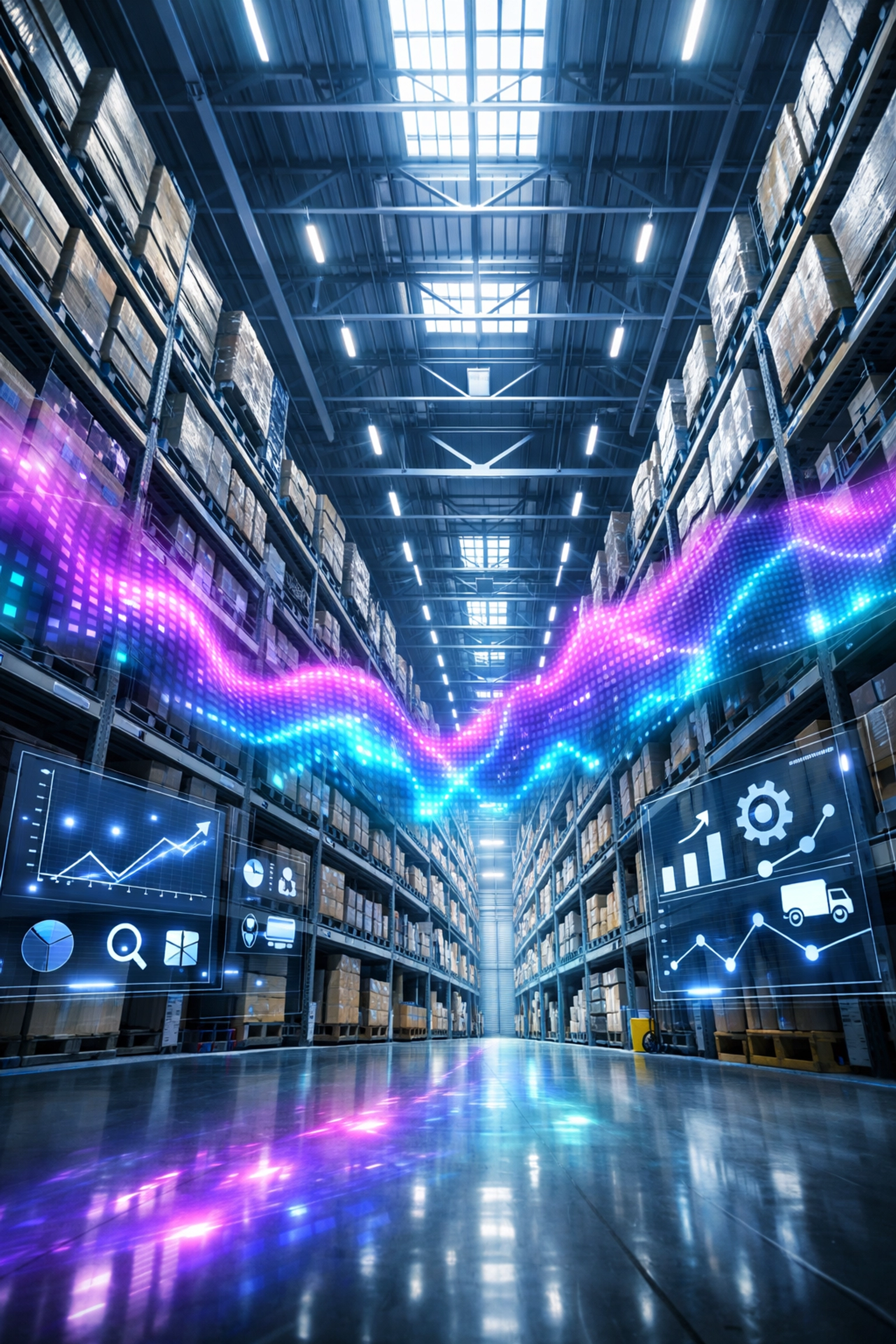 Intelligentes Bestandsmanagement in einer modernen Lagerhalle durch KI-gestützte Datenanalysen.