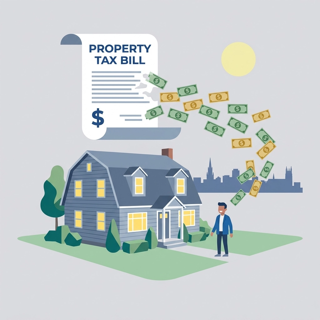 Illustration of a New Haven home with property tax bills and dollar savings, highlighting SALT deduction benefits for homeowners.