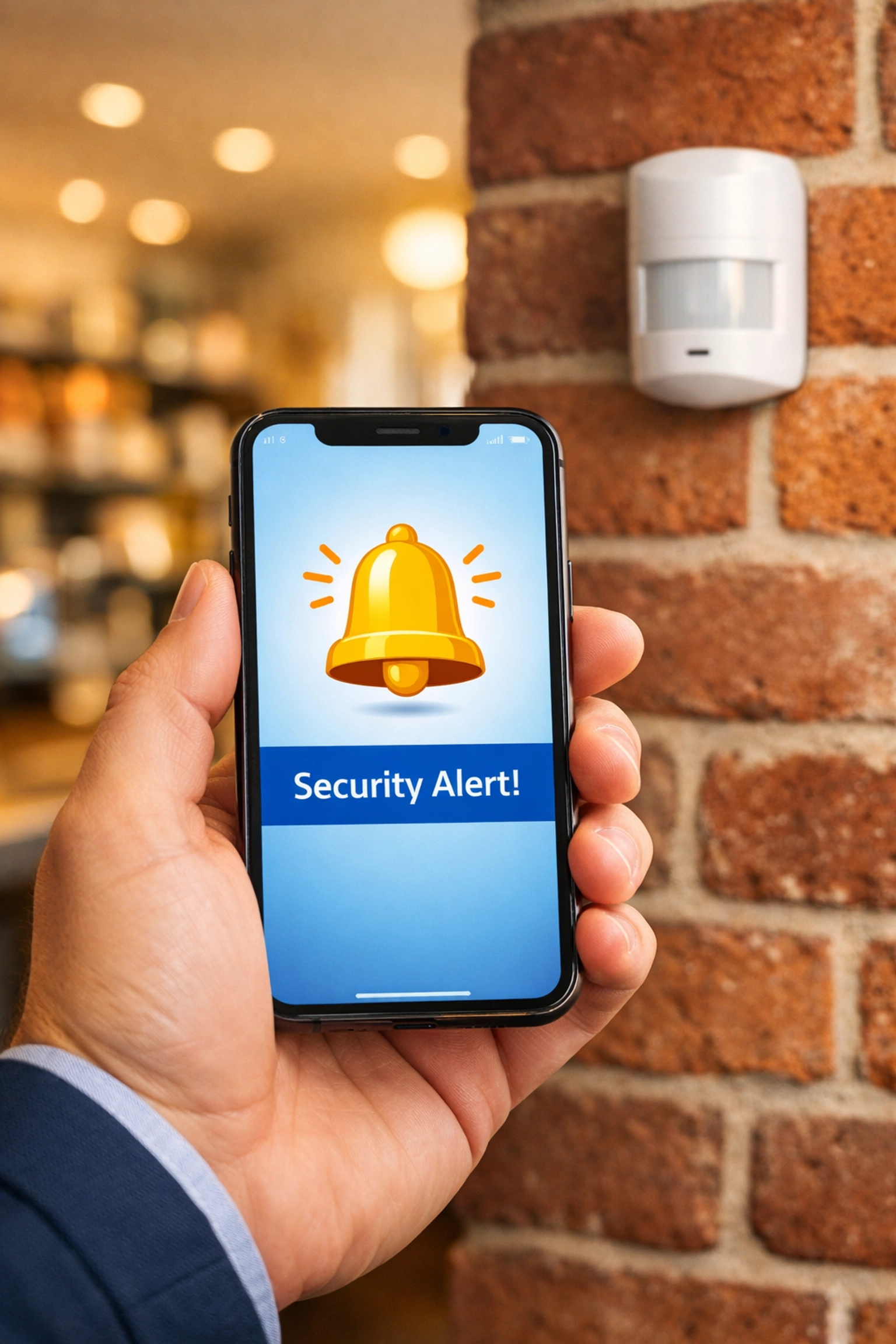 Business owner monitoring a commercial intruder alarm in Melksham using a smartphone app.