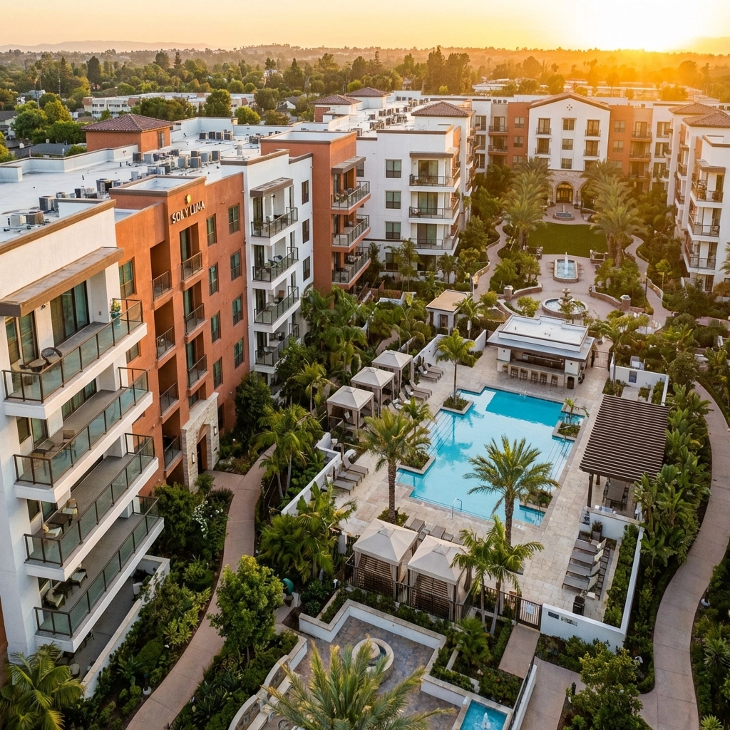 Aerial view of luxury multifamily real estate complex with landscaped pool area at sunset