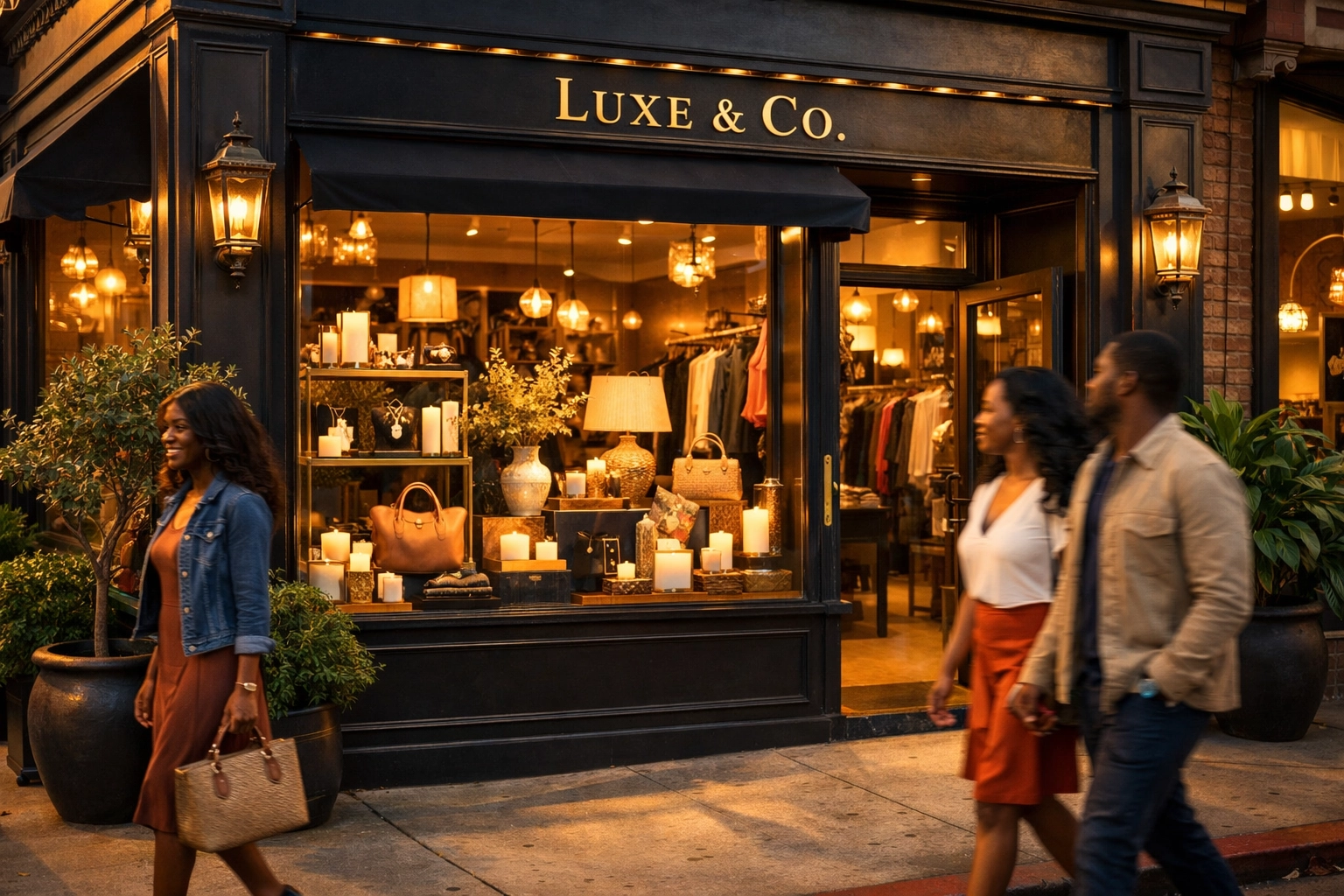 Black-owned boutique storefront with luxury candles and home decor displays