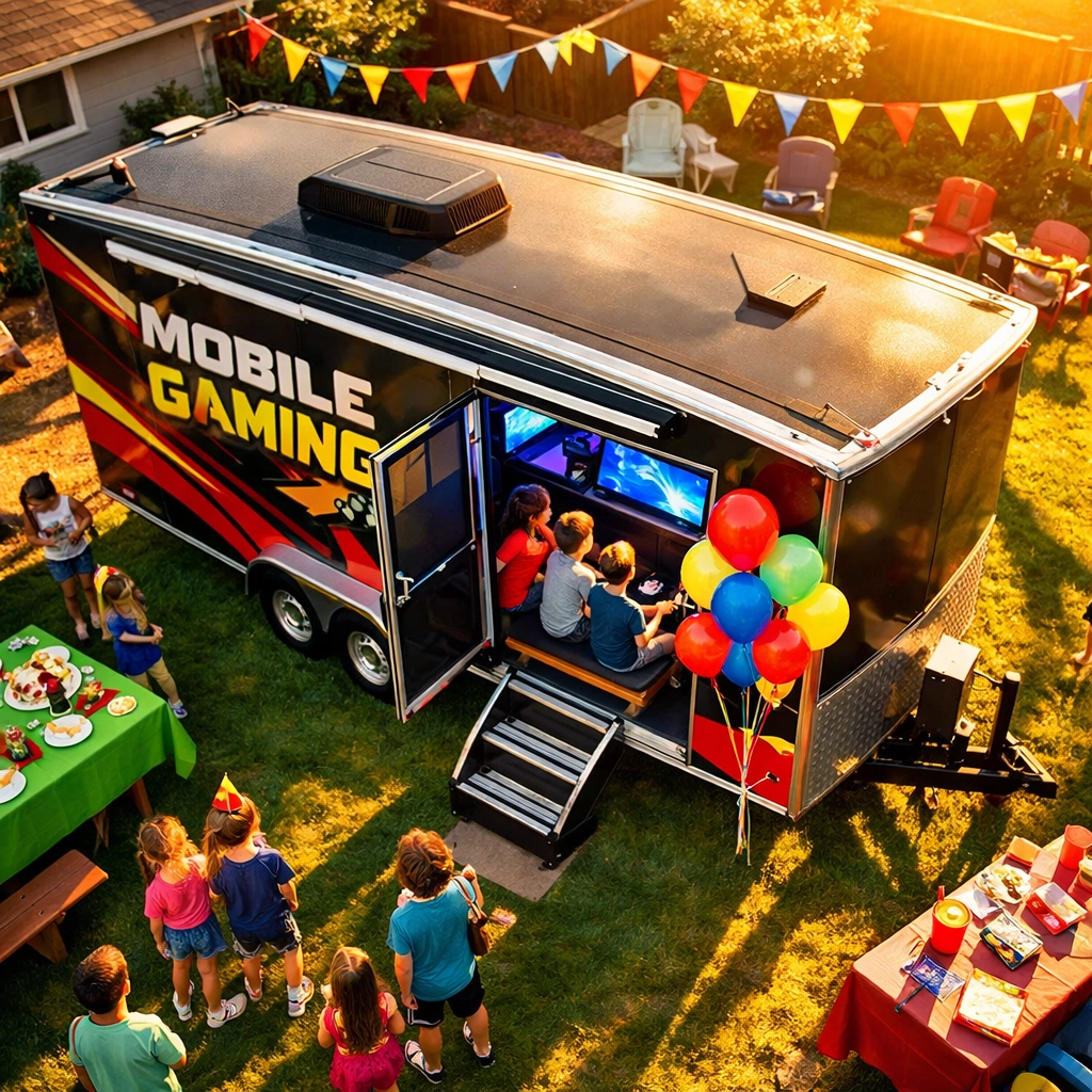 Mobile game truck business at outdoor birthday party with kids playing video games