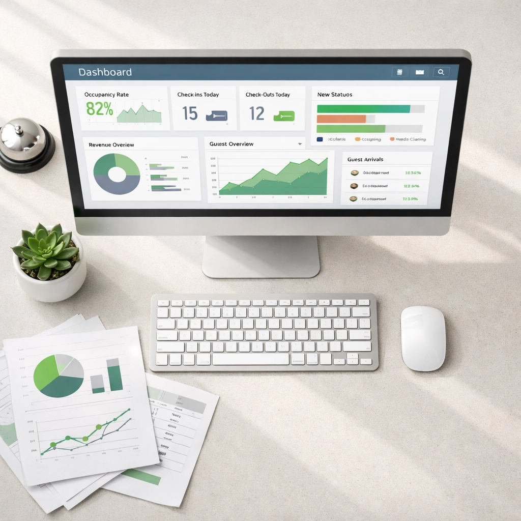 Modern hotel PMS dashboard on front desk showing automated task management and efficiency tracking