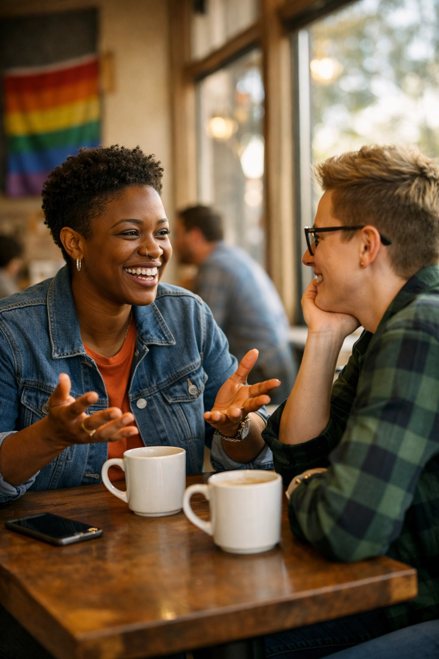 LGBTQ+ couple on coffee date discussing drag performer lifestyle and acceptance