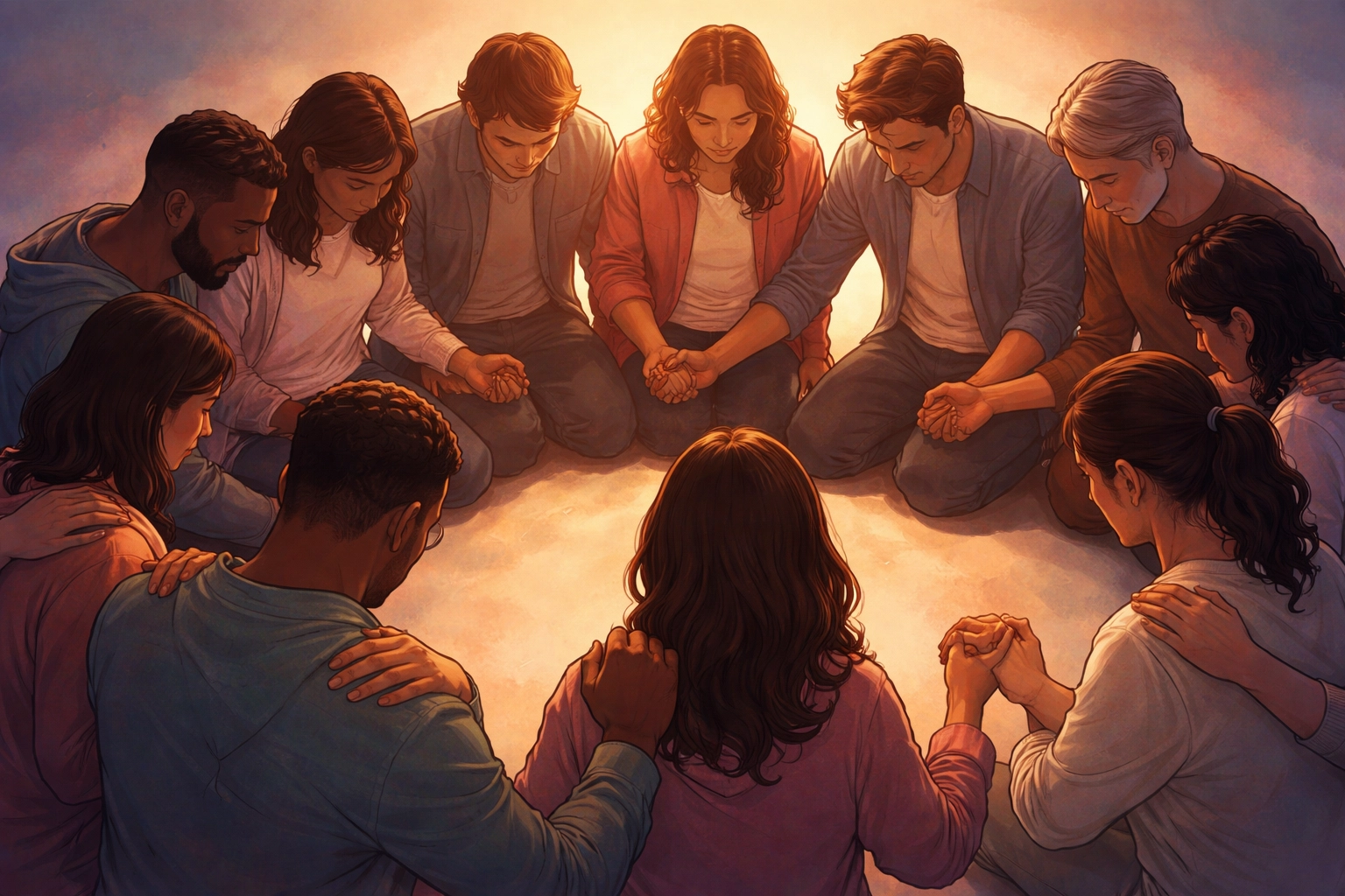 Diverse group gathered in prayerful circle, showing Christian unity, fellowship, and support in community.