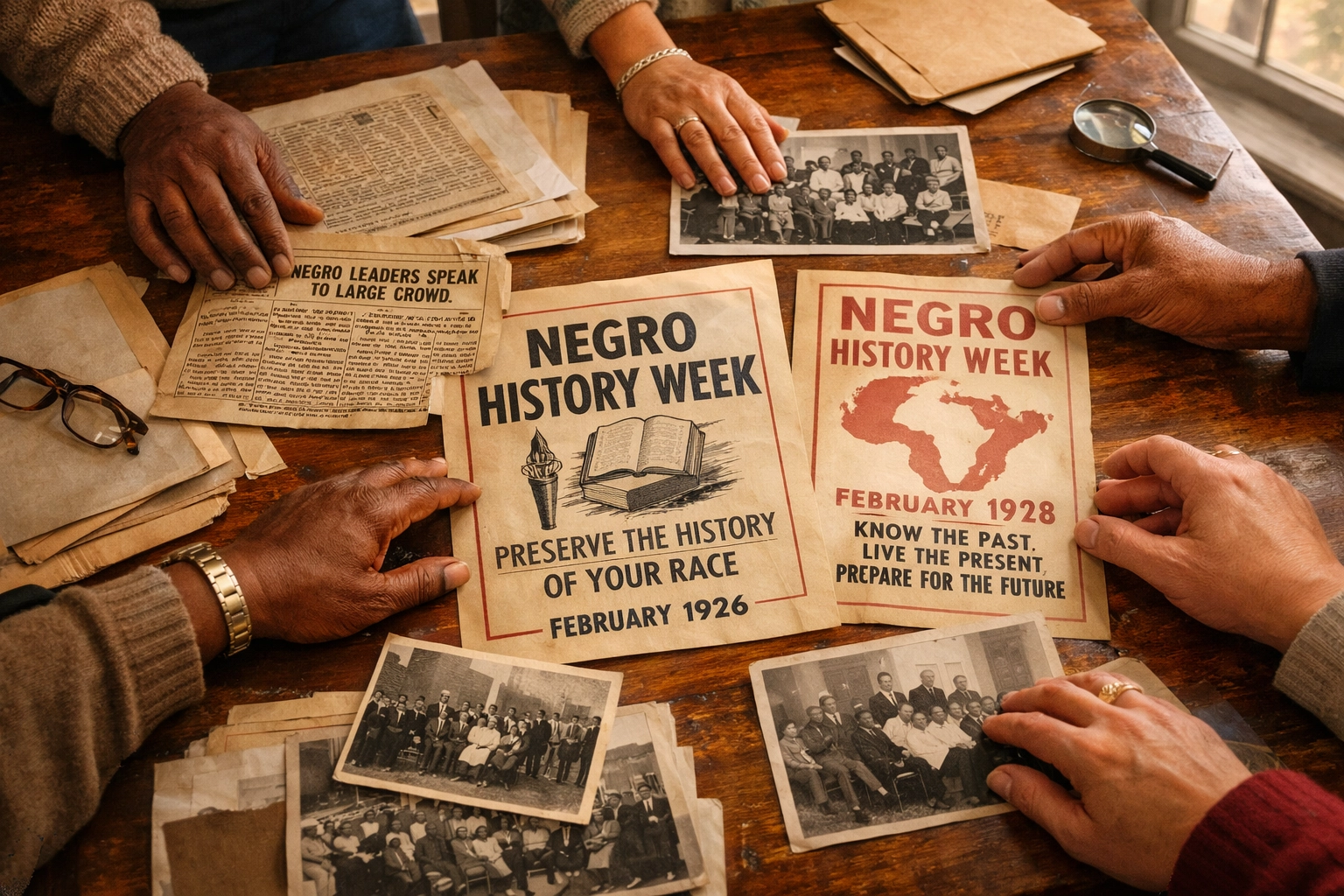 Historical Black History documents and archival materials being preserved on table