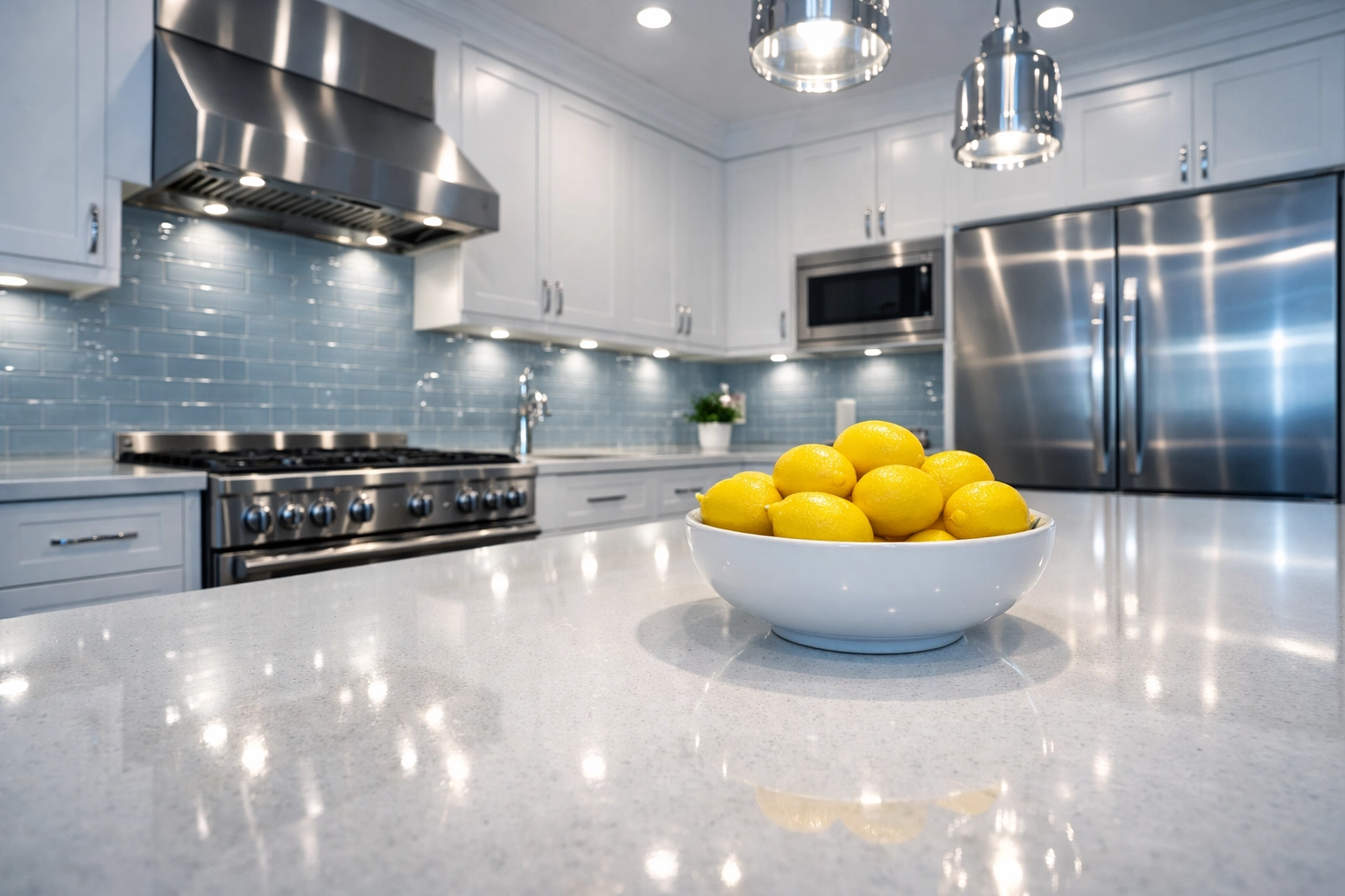 Professionally deep-cleaned luxury kitchen with spotless quartz countertops and stainless steel appliances in Boston.