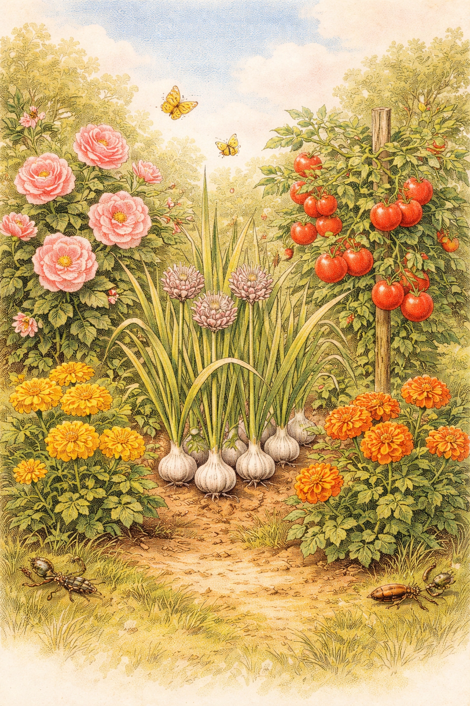 Illustration of a companion garden with garlic, roses, tomatoes, and marigolds, highlighting beneficial plant pairings