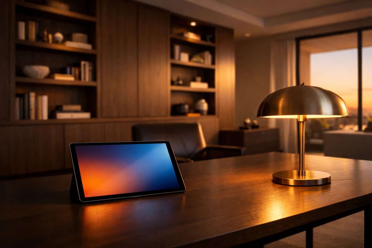 Sophisticated home study with a tablet, symbolizing cyber liability protection for tech-integrated Connecticut estates.