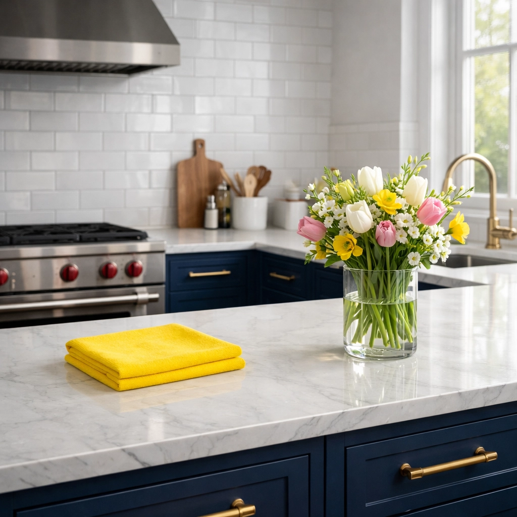 Luxury kitchen in Massachusetts with marble countertops and professional cleaners MA results.