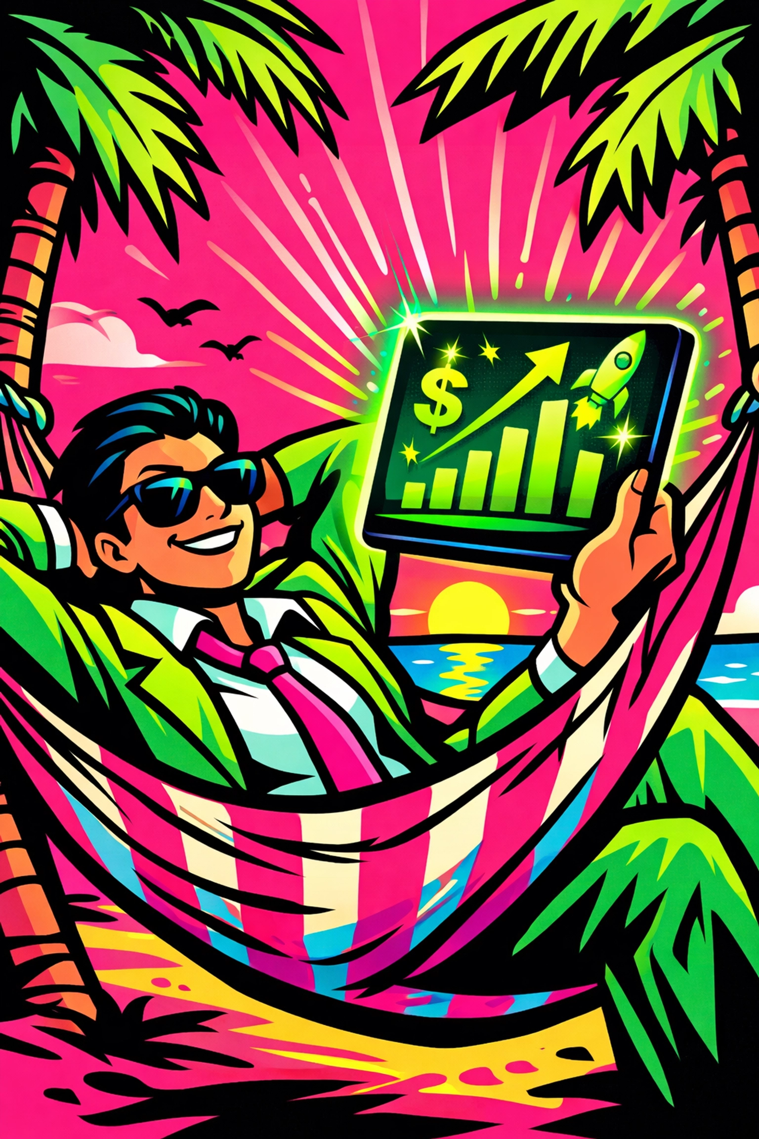 Successful business owner monitors growth data using workflow automation while relaxing.