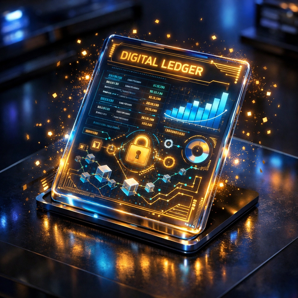 Holographic digital ledger representing Larecoin NFT receipts for secure decentralized retail transactions.