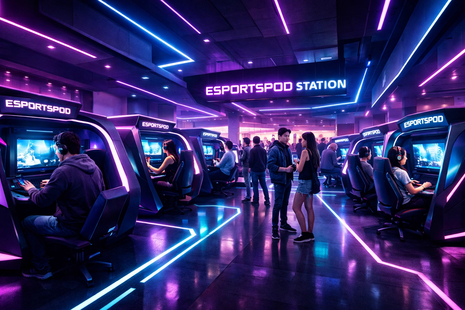 Modern commercial lounge with rows of EsportsPods designed for community gaming and brand engagement.