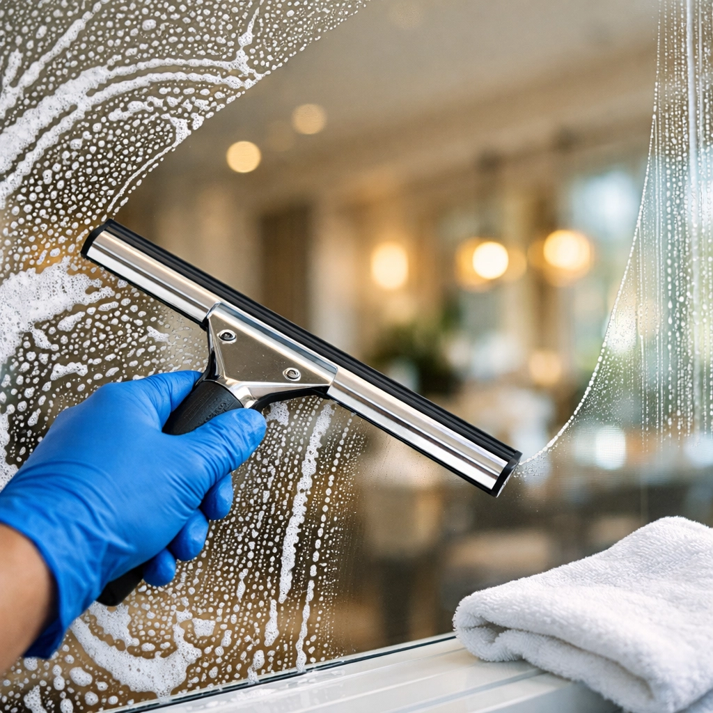 Professional window cleaning in Lancaster MA using a squeegee for a streak-free, crystal-clear finish.