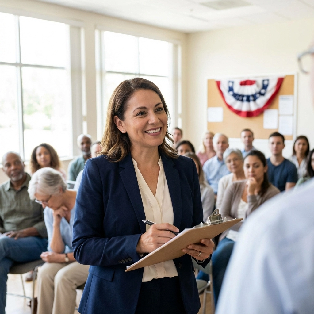 Female facilitator leading a community dialogue night with diverse attendees and American flags visible