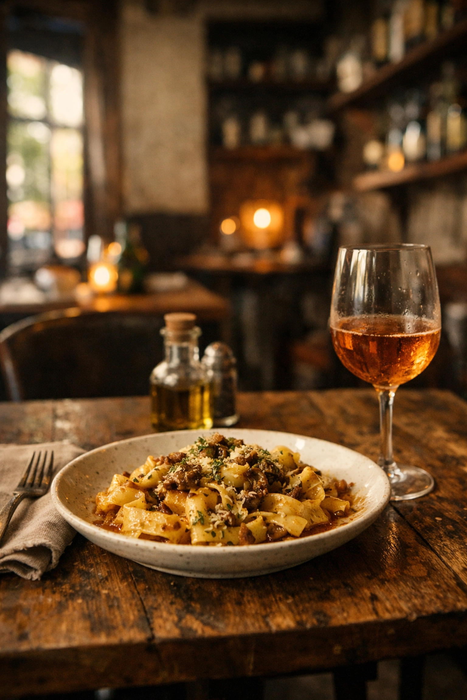 Hidden Miami bistro table with pasta and wine, one of the fun things to do in Miami
