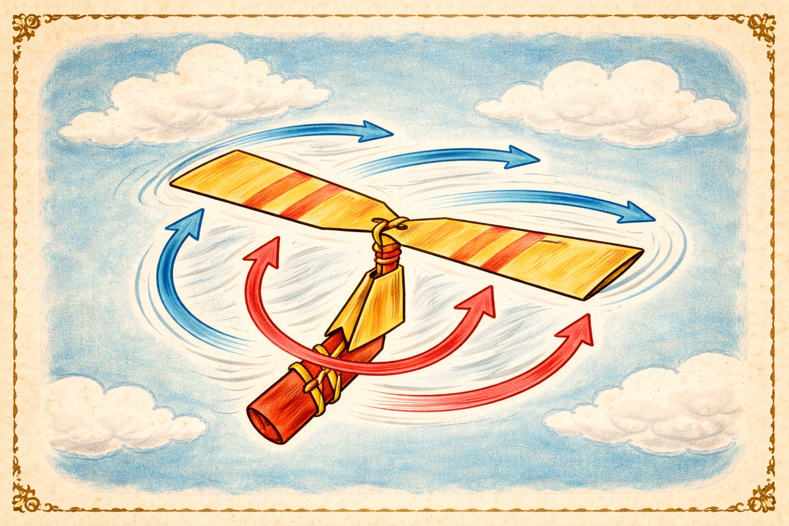 Cutaway view of a paper helicopter spinner with airflow arrows, illustrating the science of lift and drag for kids