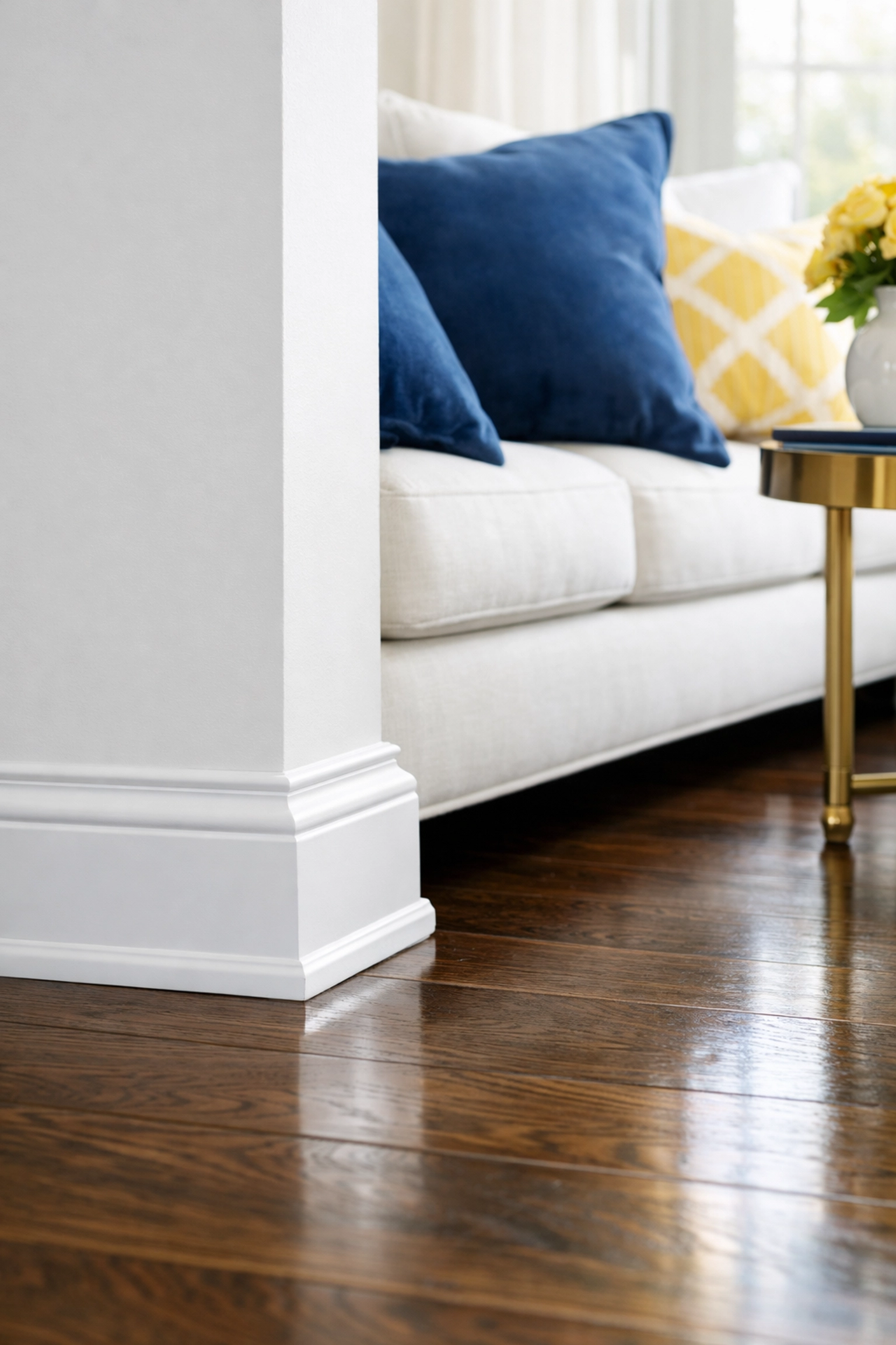 Immaculate living room with clean white baseboards and polished floors after a deep cleaning in Westford.