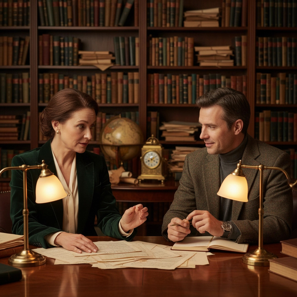 A writing coach and a client sit together in a cozy library surrounded by books, discussing manuscript pages under warm lamplight—illustrating the collaborative process of shaping a first draft into a powerful legacy book.
