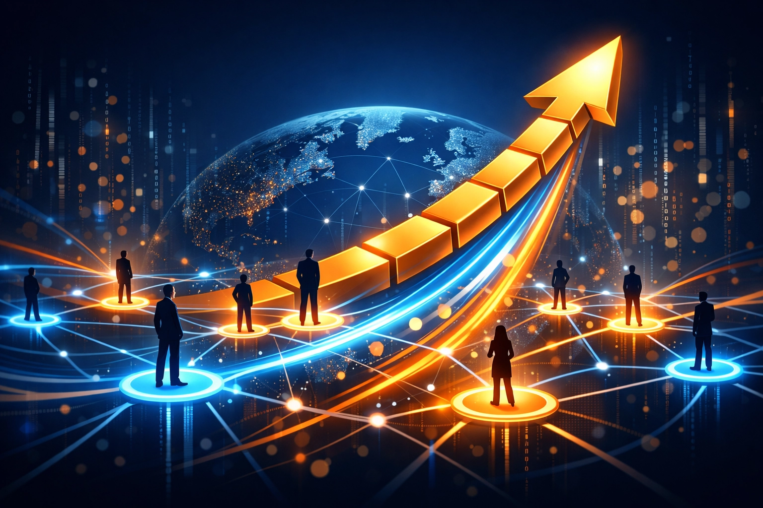 Global network nodes and upward growth arrow illustrating sustainable scaling for an IPO in 2026.