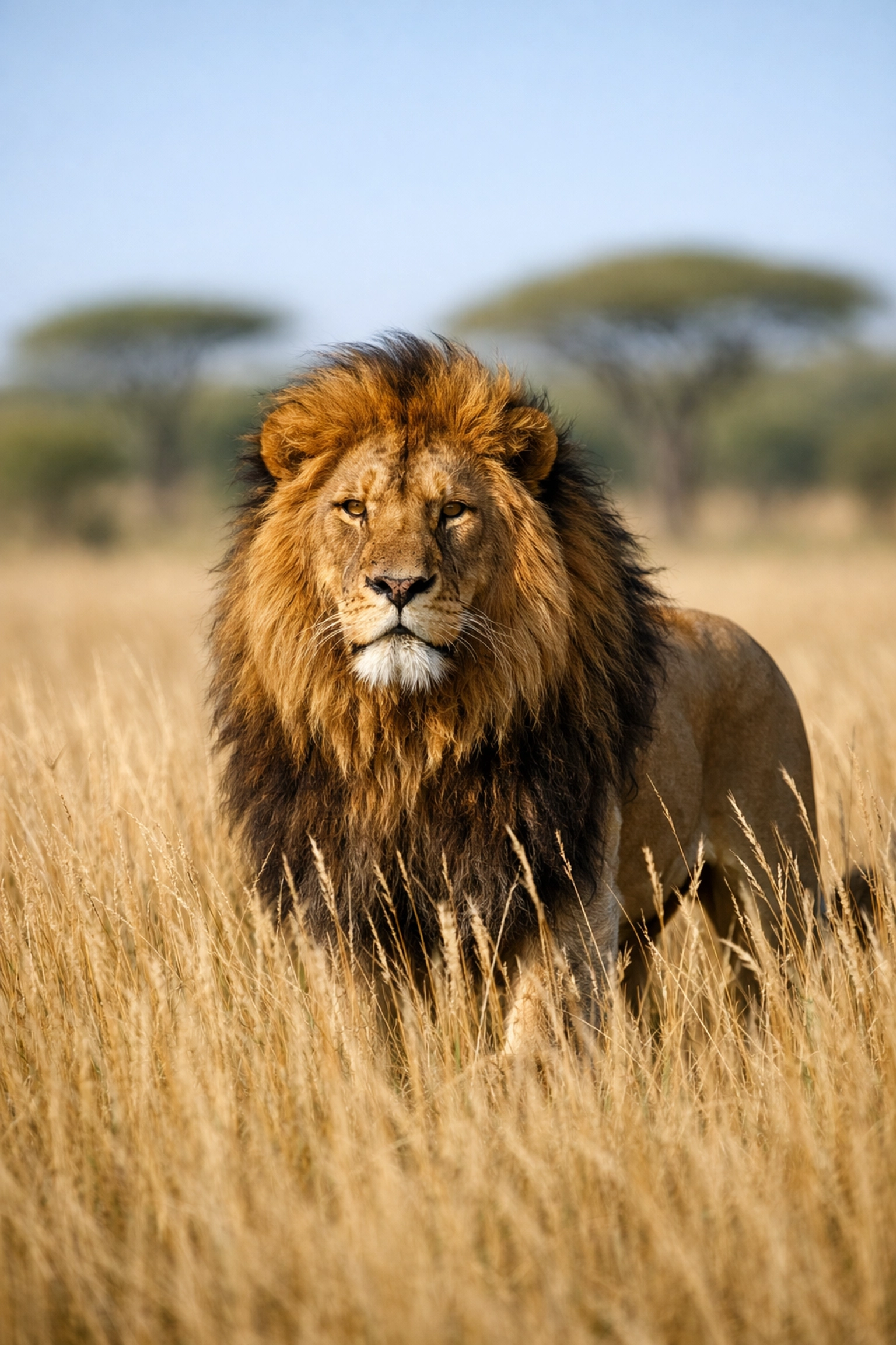 Professional lion stock photo showing depth and background blur in a savanna setting.