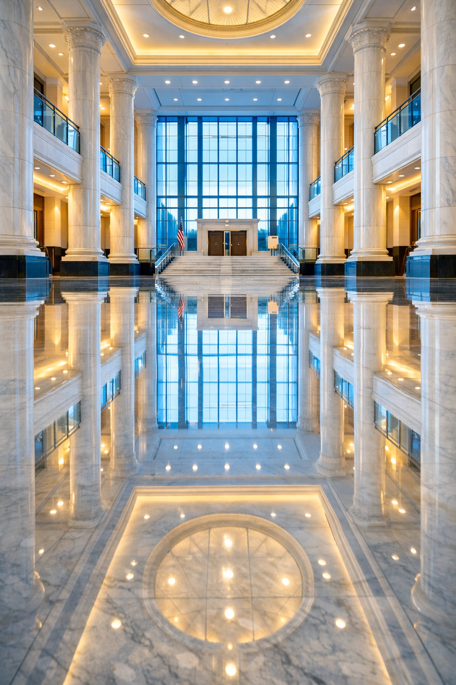 Spotless marble floors in a bright government lobby highlighting professional facility maintenance.