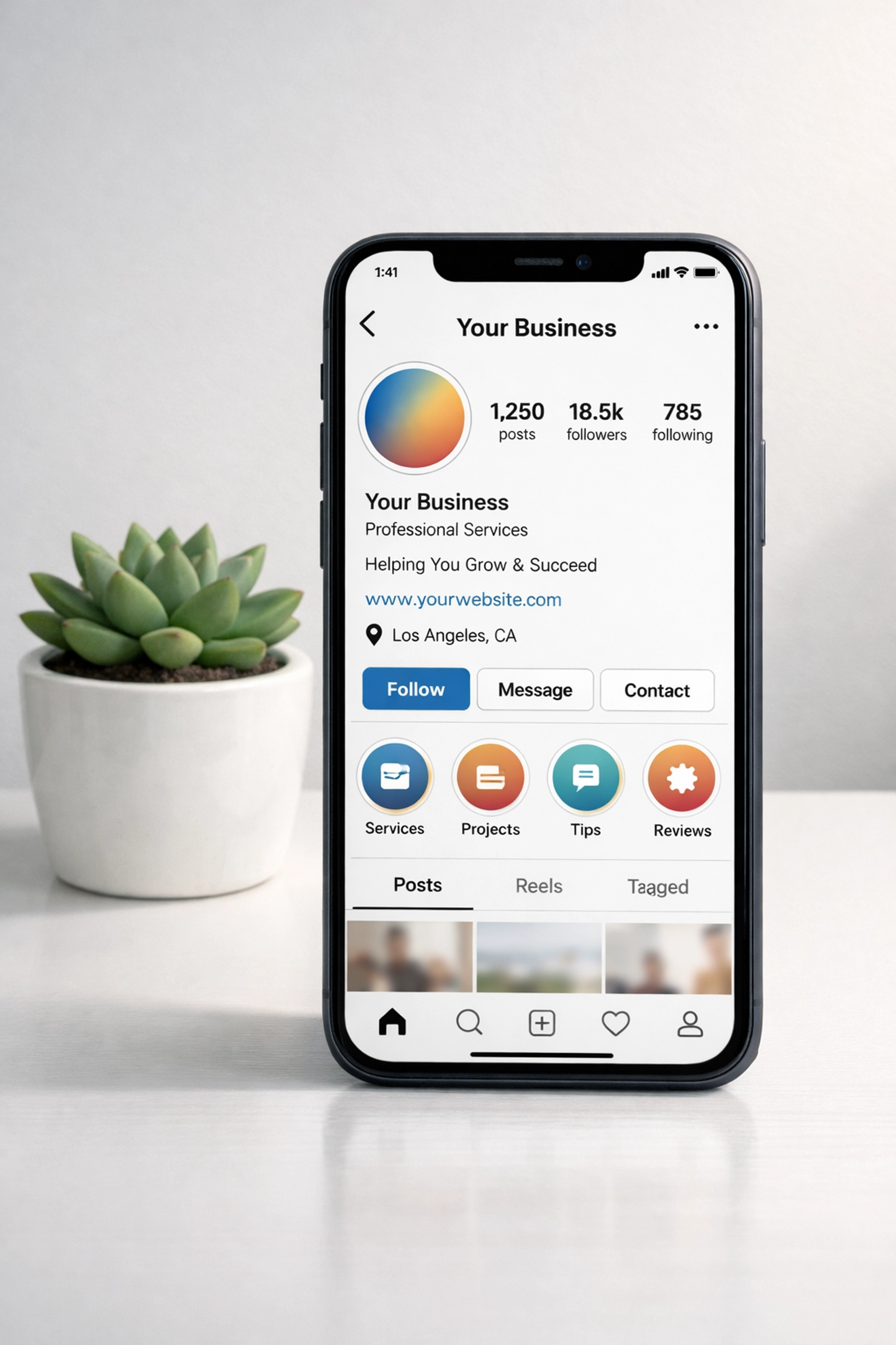 Instagram business profile on smartphone showing location and contact information