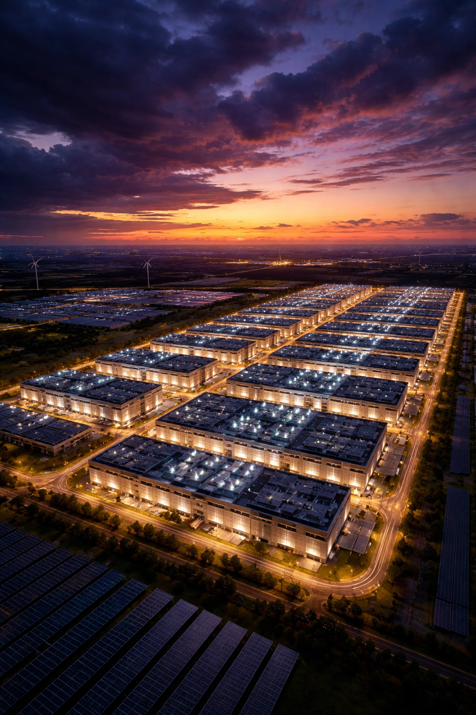 Aerial view of a large data center and renewable energy infrastructure representing real assets in portfolios