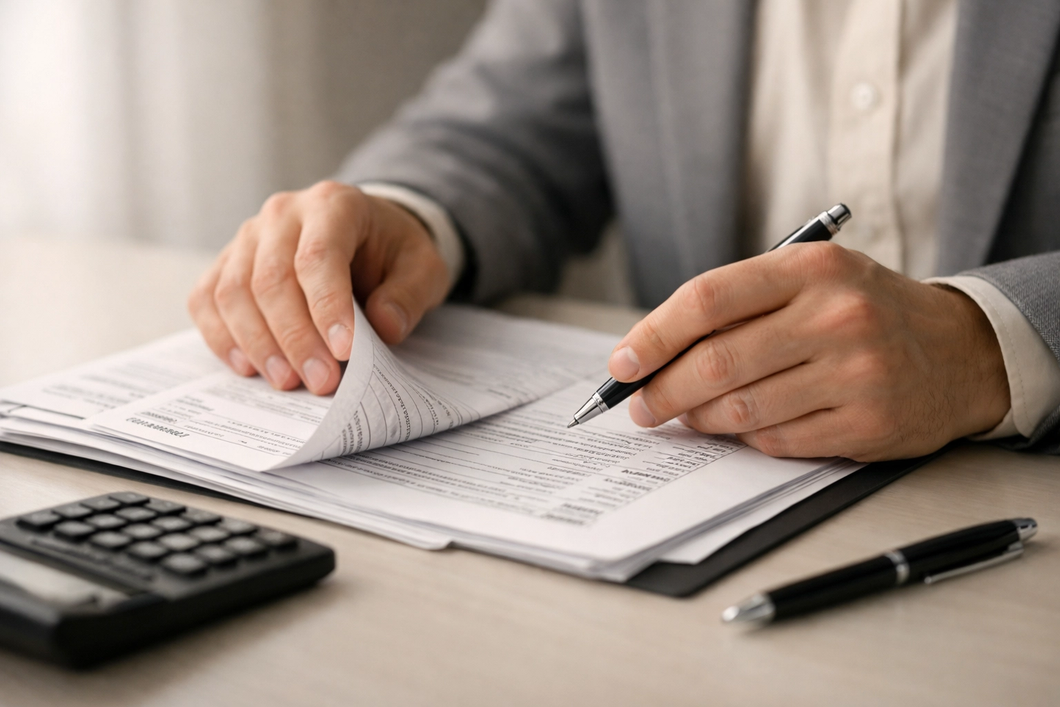 Tax preparer carefully reviewing client documents for accuracy and compliance