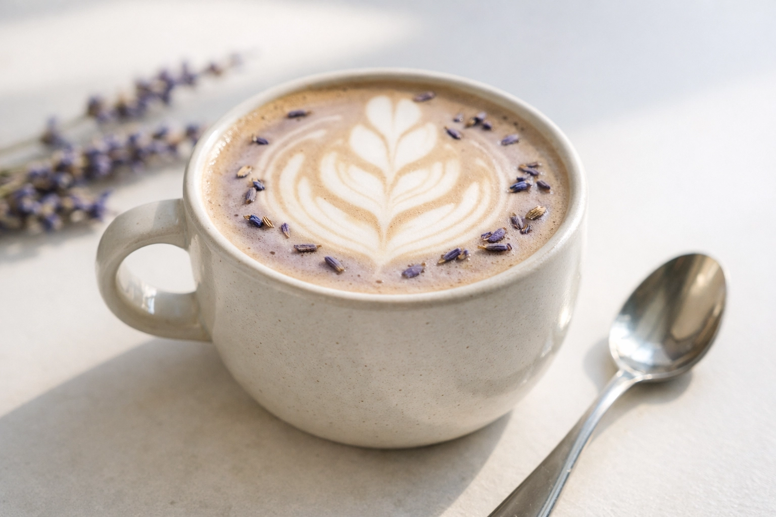 Close-up lavender latte with floral art